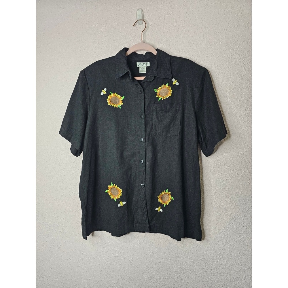 AKC Womens 2X Black Linen Blend Embroidered Sunflower Bee Button Up Shirt Fall